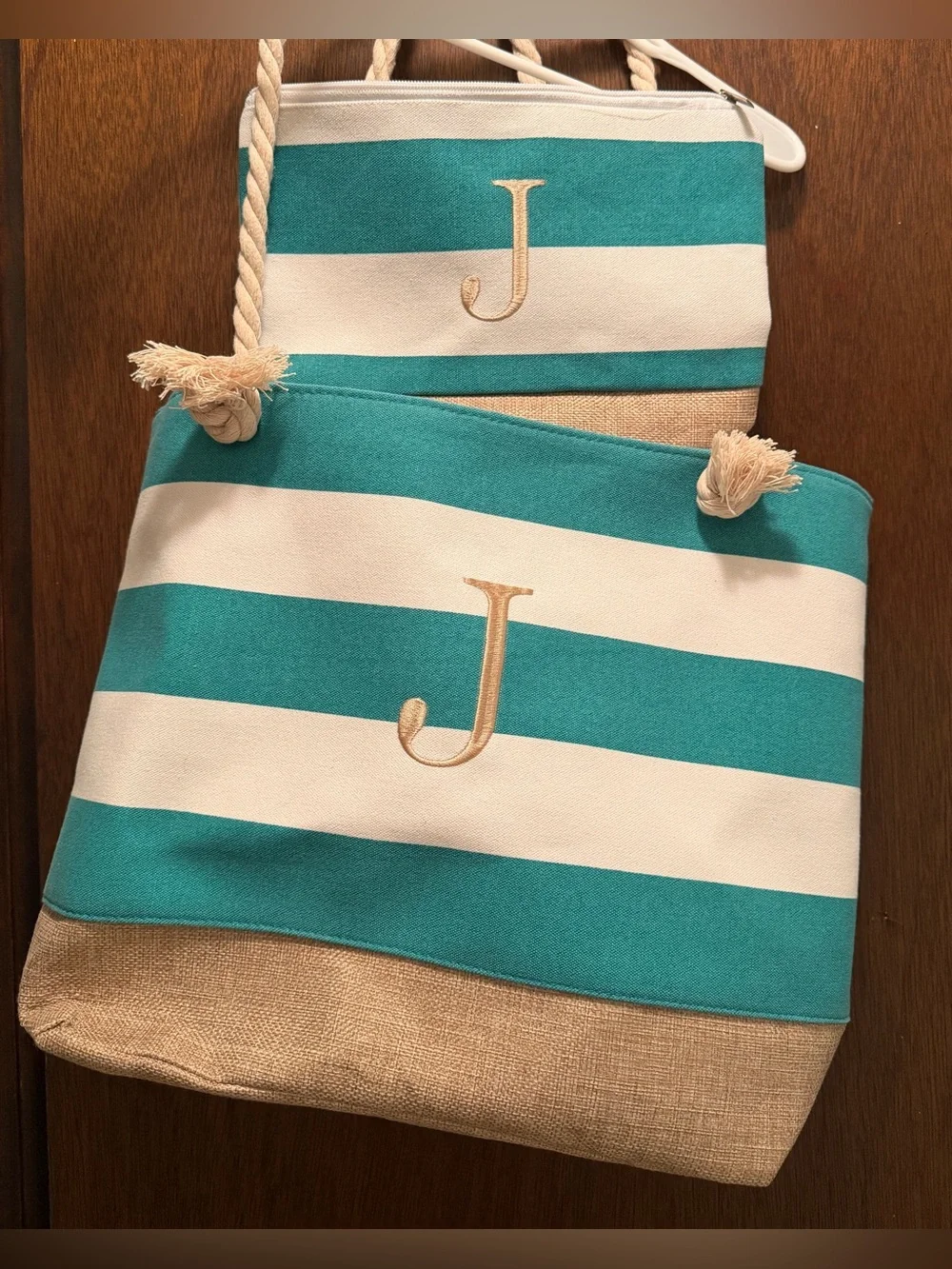 Embroidered 'J' Monogram Teal & White Striped Beach Bag with Clutch